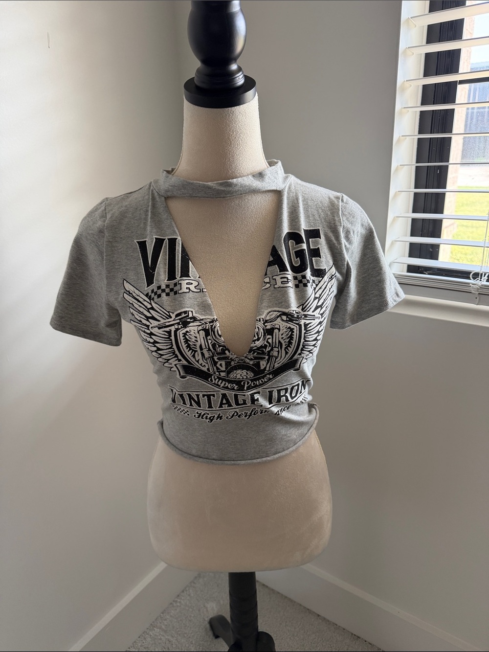 Vintage Gray Graphic Cutout Crop Top